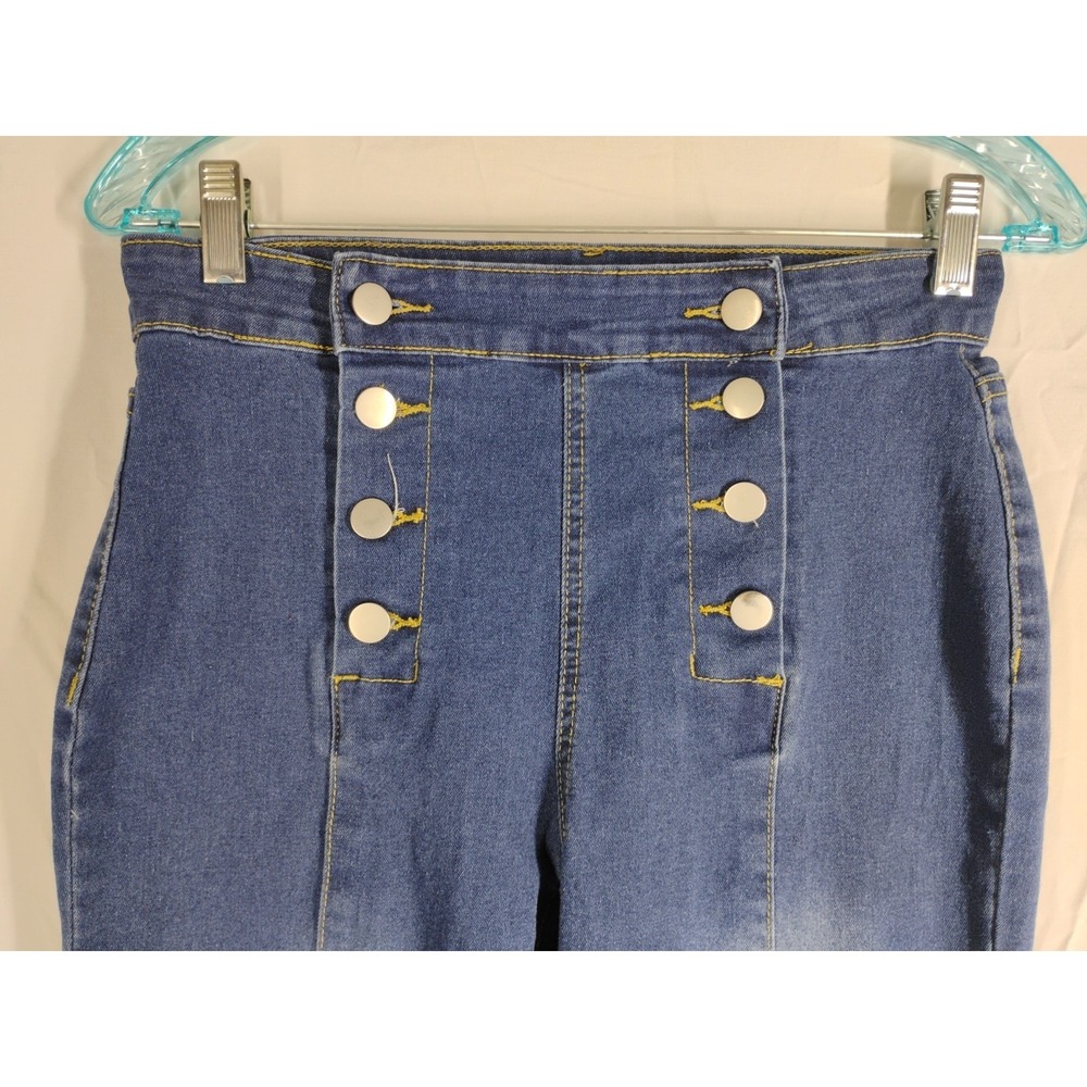 Unbranded Women's MEDIUM Dual Button Flap Closure Mid Rise Denim Blue Jeans - Picture 2 of 8